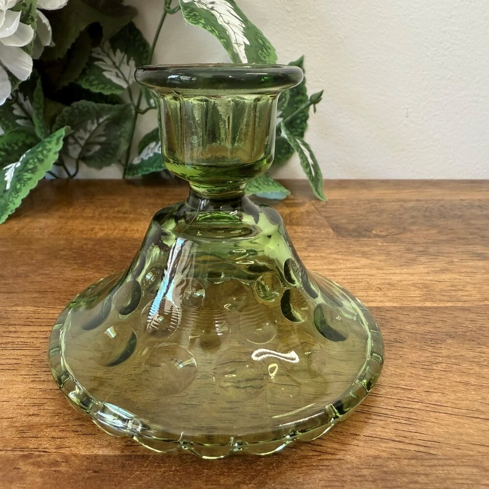Vintage Green Glass Candle Holder Moon & Stars Pattern Indiana Style Thumb